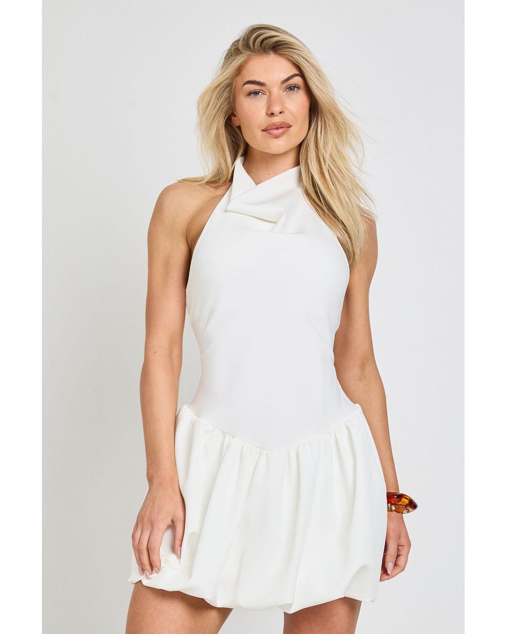 Boohoo White Halter Cowl Neck Drop Hem Mini Dress