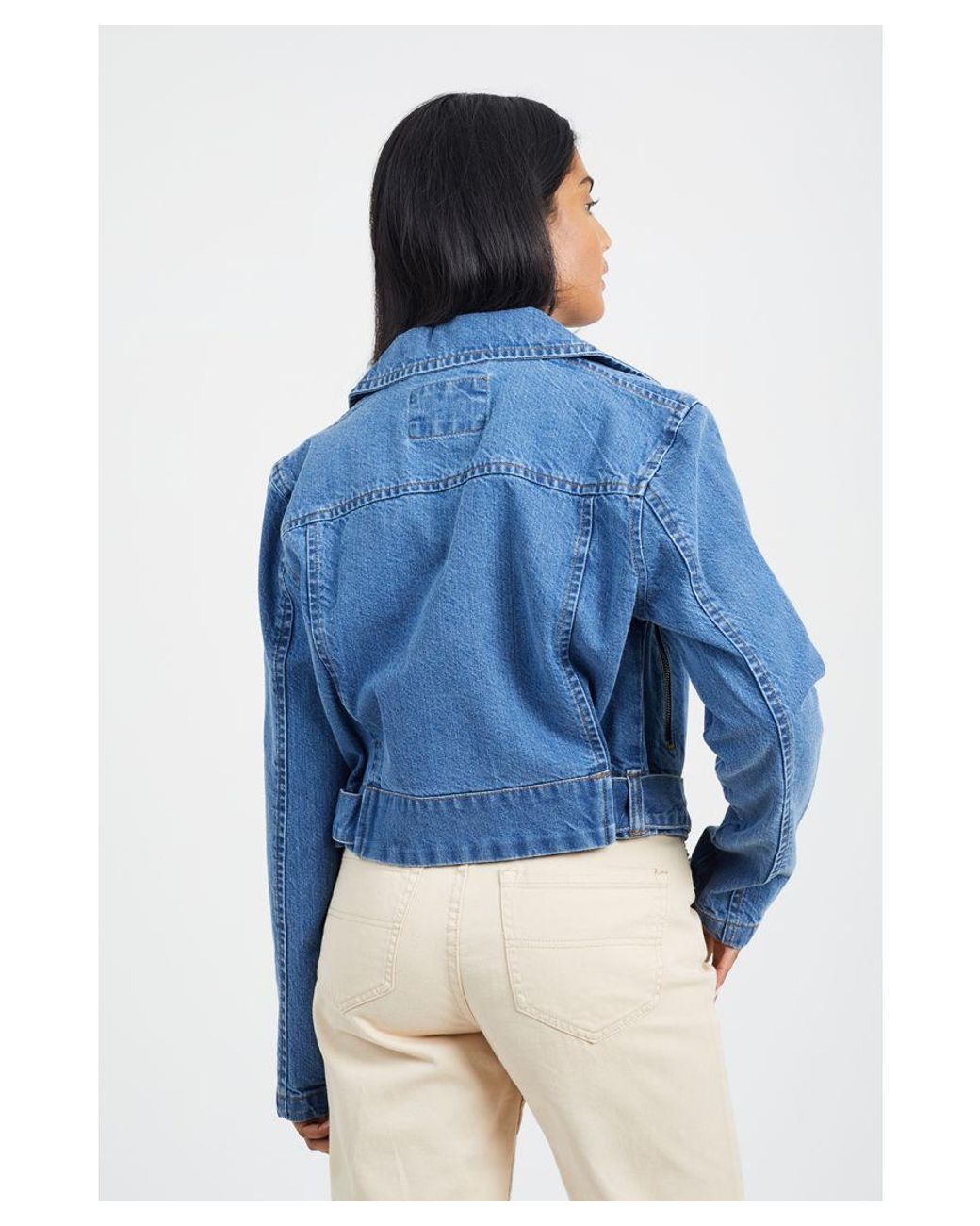 Brave Soul Blue Mid 'Ivory' Denim Biker Jacket