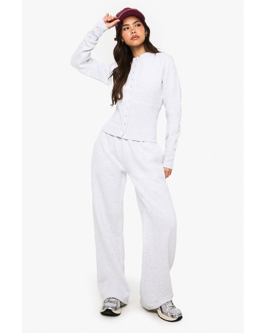 Boohoo White Deep Hem Popper Bomber Sweatshirt Tracksuit