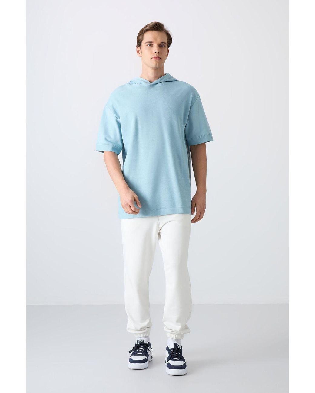 TOMMY LIFE Blue Oversized Hooded Short-Sleeve T-Shirt for men