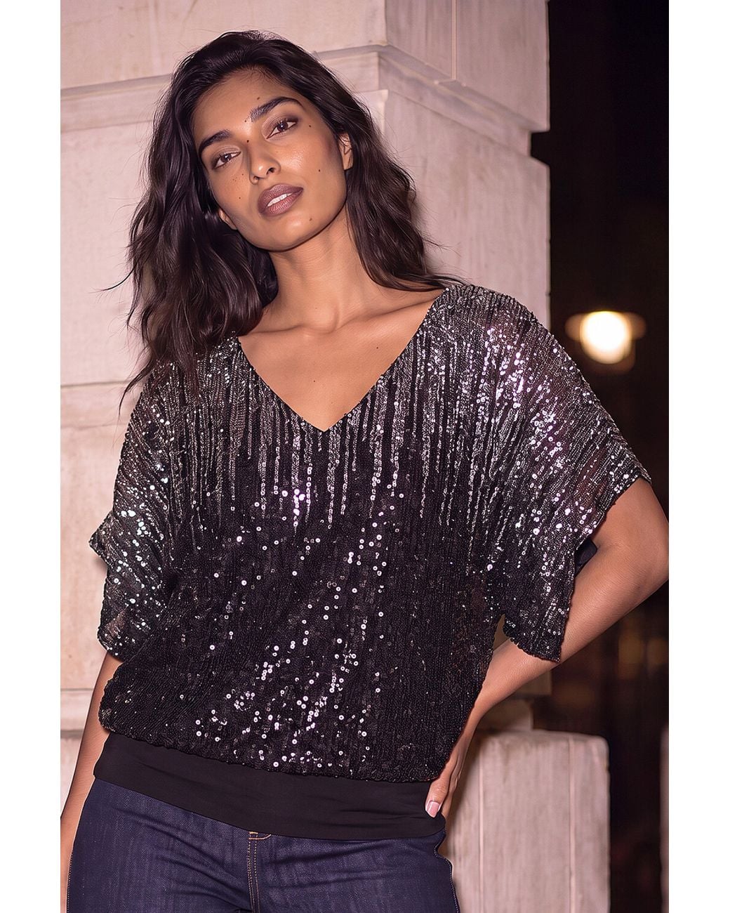 Roman Metallic Ombre Mesh Sequin Bow Back Top