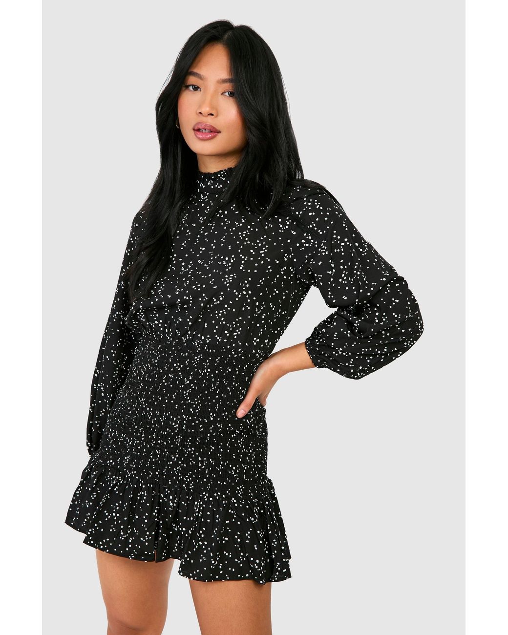 Boohoo Black Petite Spot High Neck Shirred Ruffle Dress