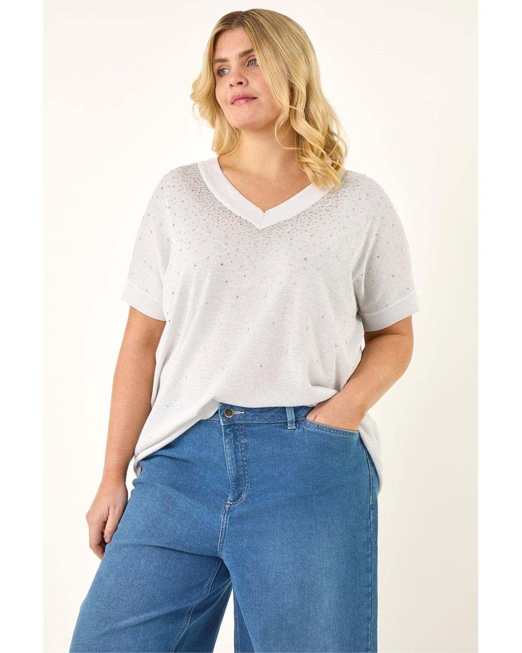 Roman White Curve Shimmer Hotfix Knit Top