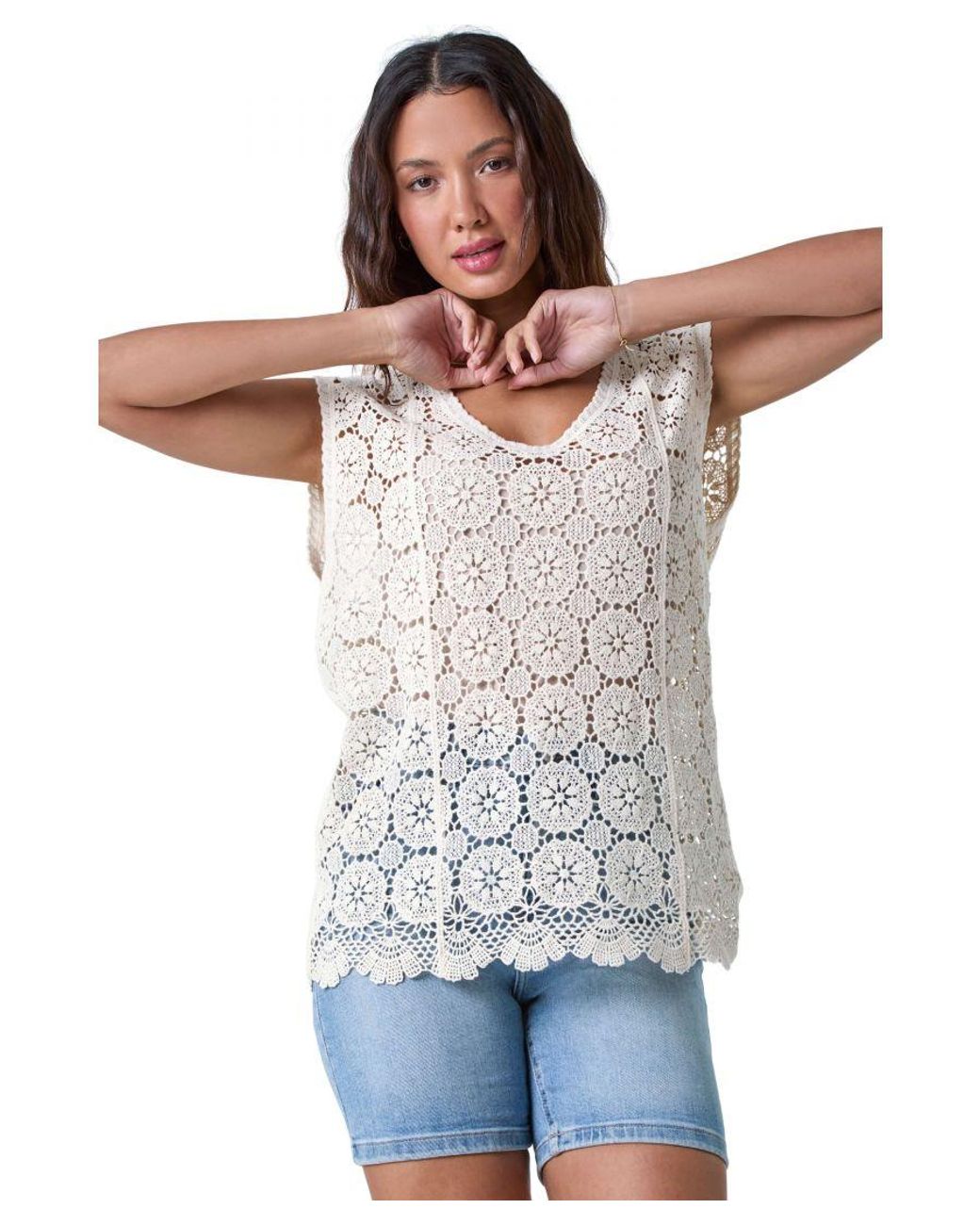 Roman Blue Cotton Crochet Stretch Knitted Vest