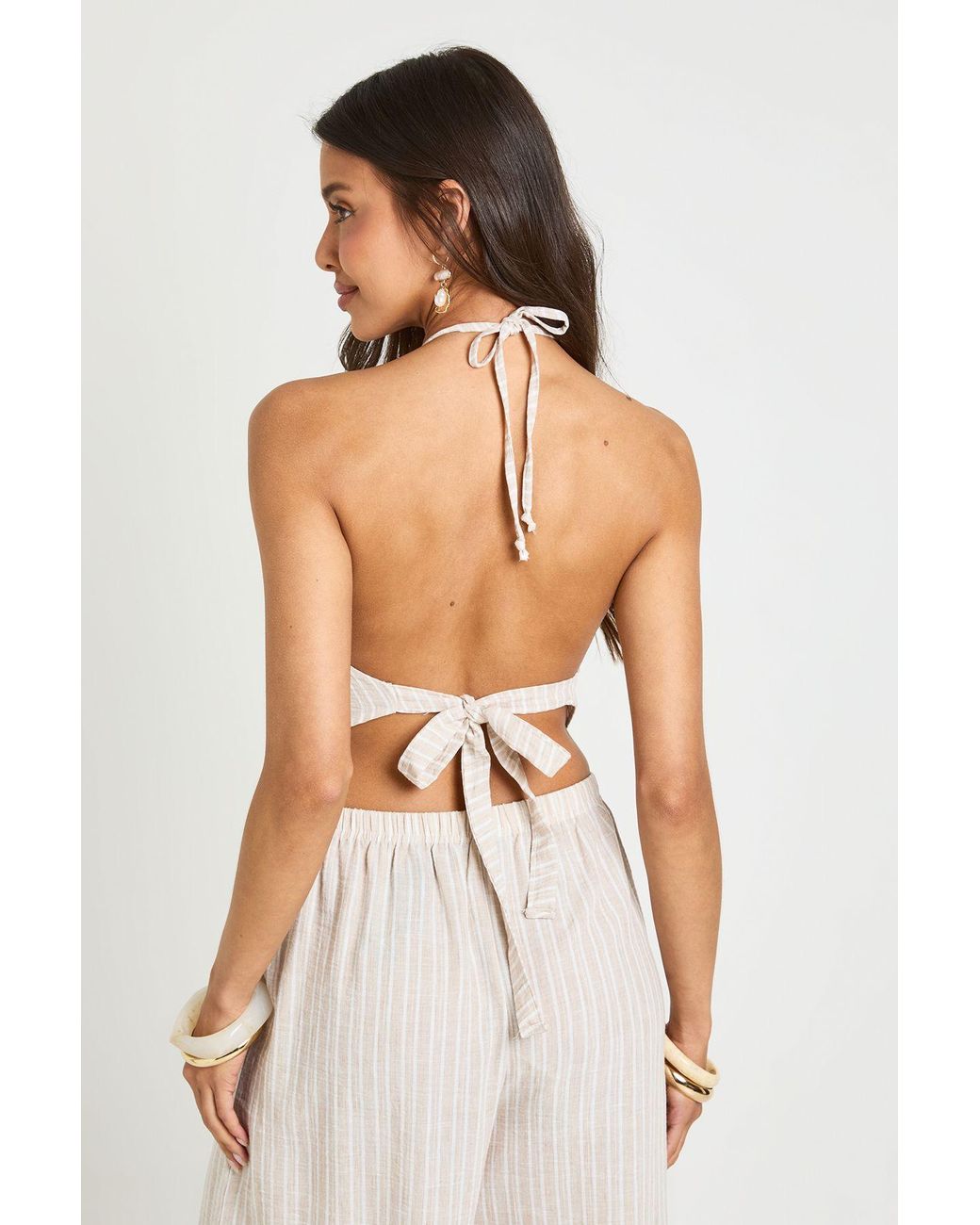 Boohoo White Striped Linen Look Halter Top