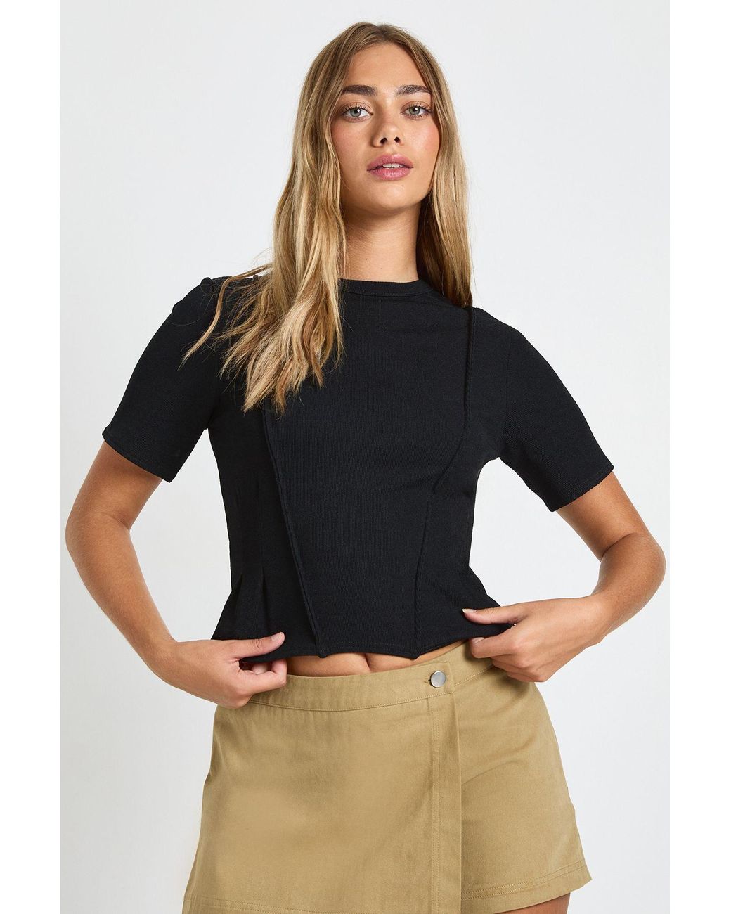 Boohoo Black Rib Cinched Waist Seam Detail Fitted Top