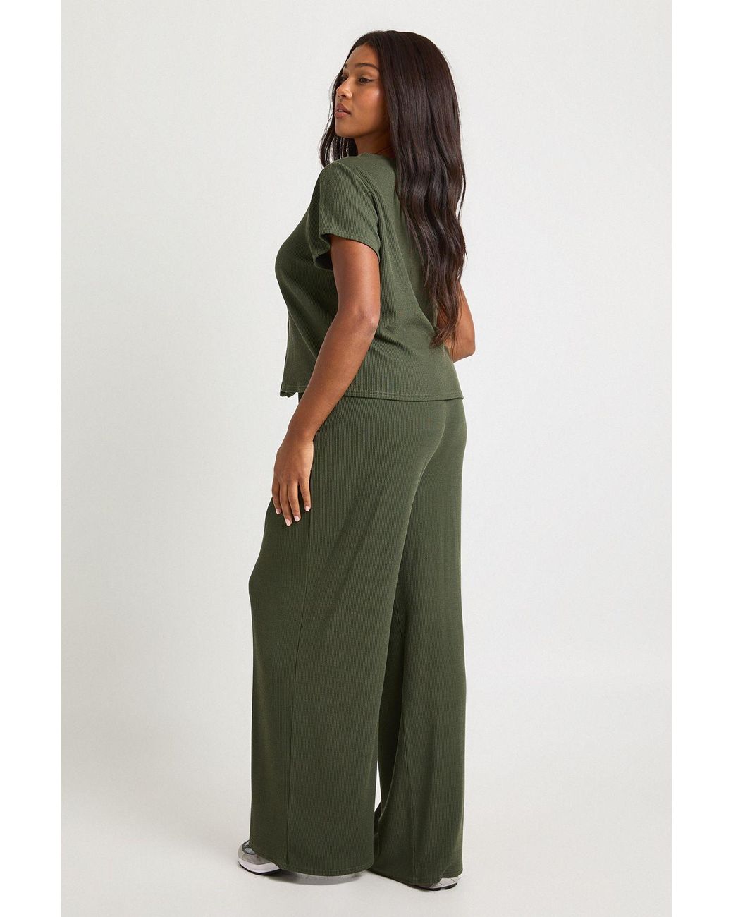 Boohoo Green Plus Crinkle Rib Button Through Cap Sleeve Top And Trouser Set