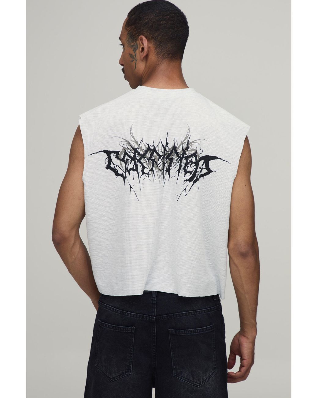 BoohooMAN White Boxy Gothic Print Waffle Tank for men