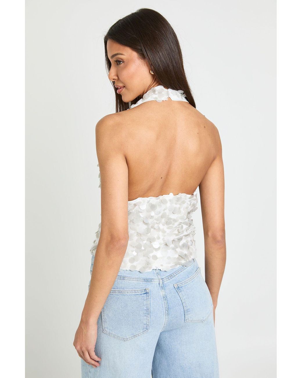 Boohoo White Mixed Sequin Cowl Neck Top