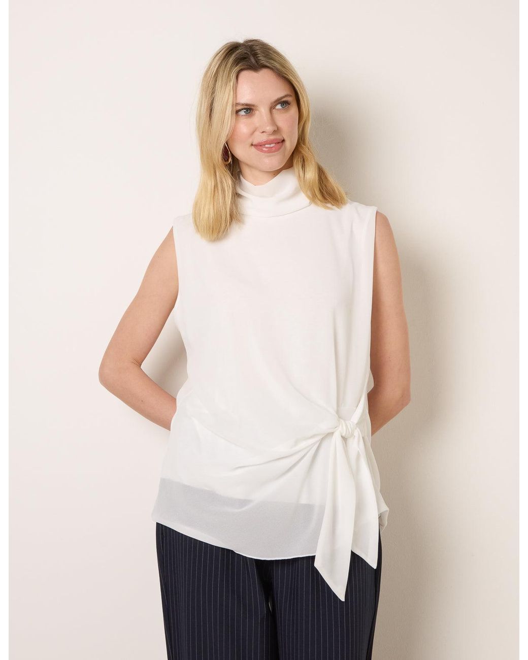 Blue Vanilla White Sleeveless Cowl Tie Front Chiffon Blouse