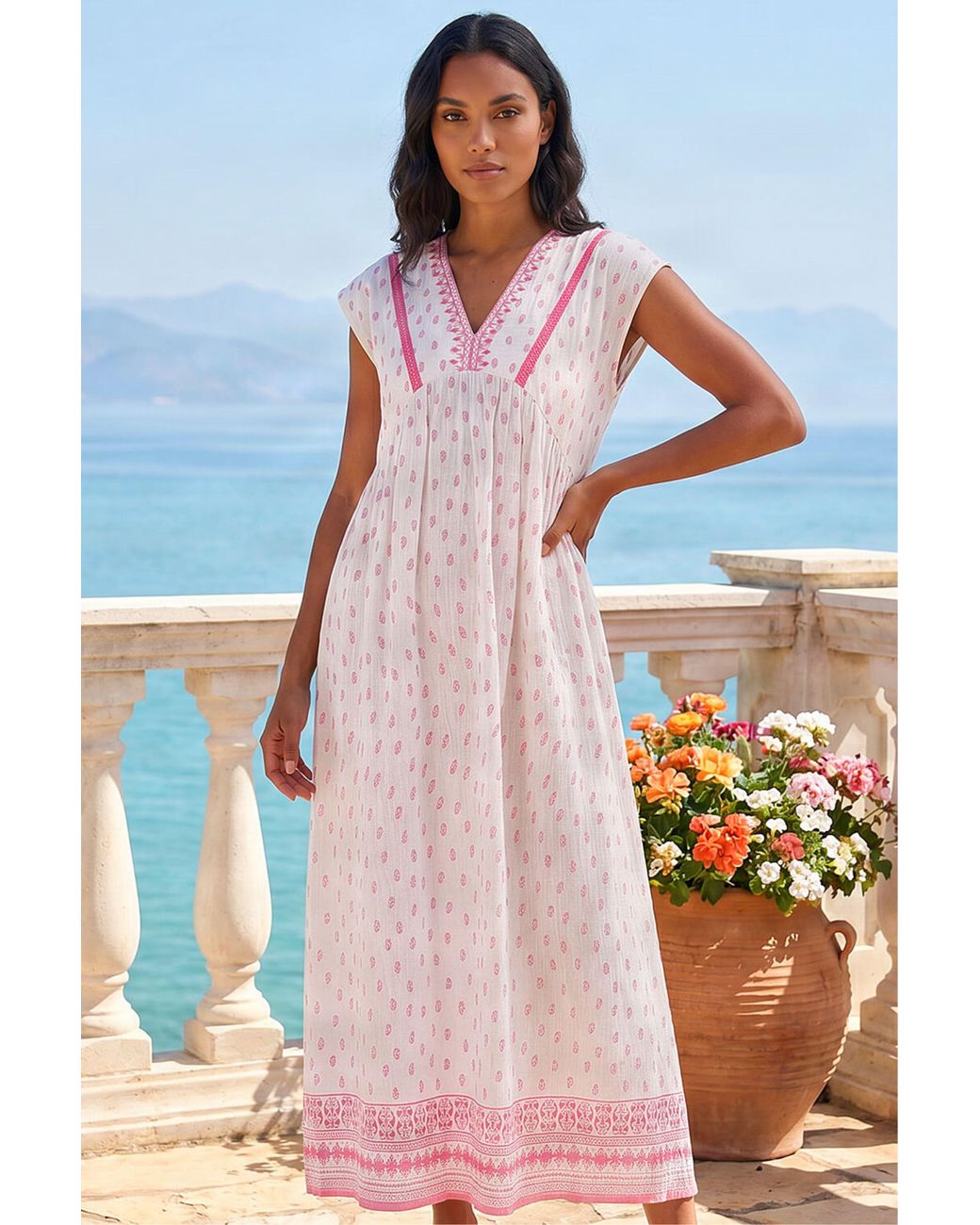 Roman Pink Paisley Lace Trim Midi Dress