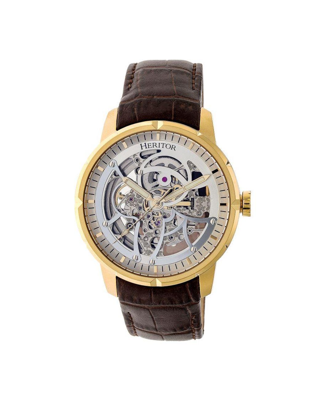 Heritor Metallic Ryder Skeleton Leather-Band Watch for men