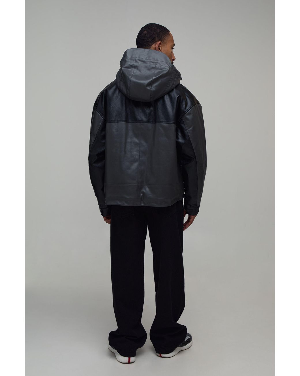 BoohooMAN Gray Oversized Boxy Pu Colour Block Parka for men