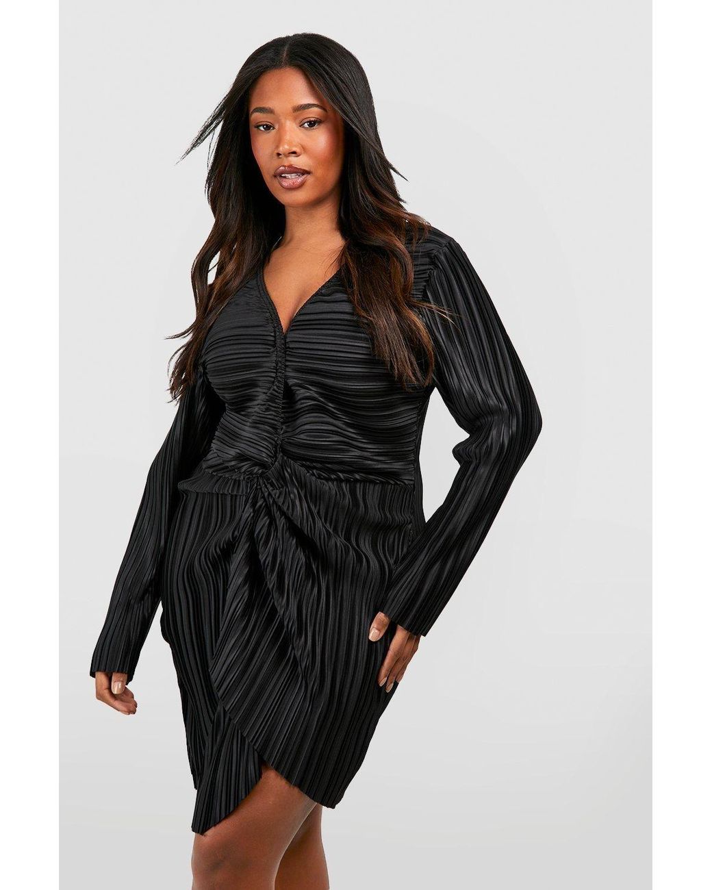 Boohoo Black Plus Wide Plisse Twist Front Wrap Dress