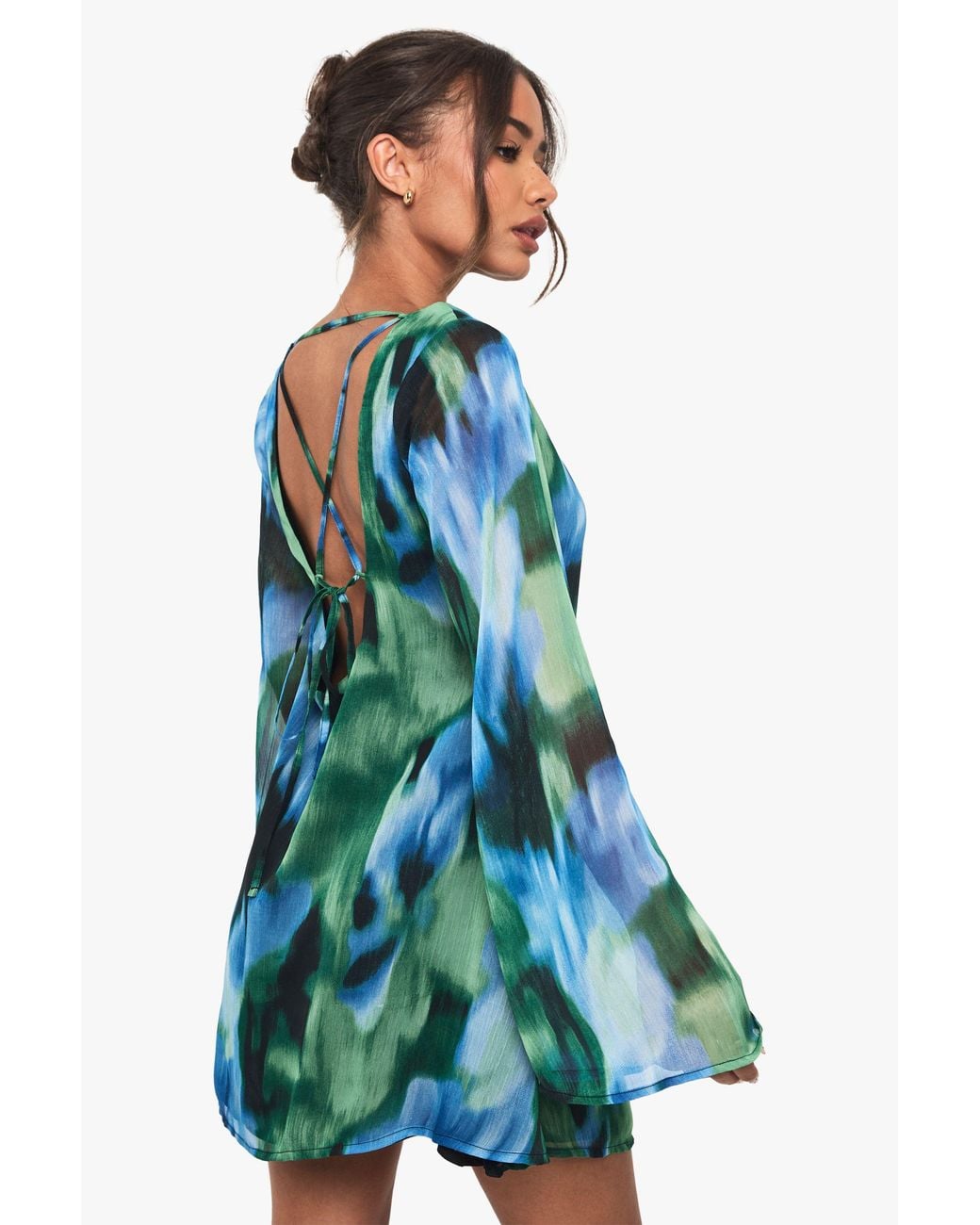 Boohoo Blue Abstract Printed Chiffon Flare Sleeve Mini Dress