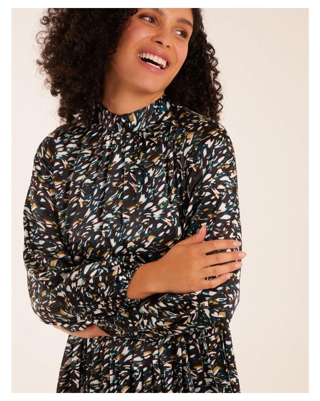 Blue Vanilla Black Abstract Animal Print High Neck Blouson Midi Dress