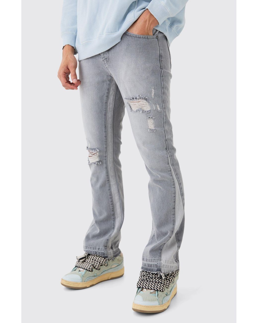 BoohooMAN Blue Slim Flare Distressed Gusset Panel Jeans for men