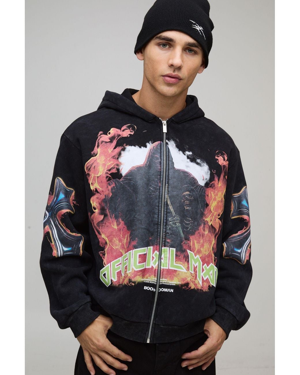 BoohooMAN Gray Oversized Boxy Acid Wash Gothic Graphic Zip Through Hoodie for men