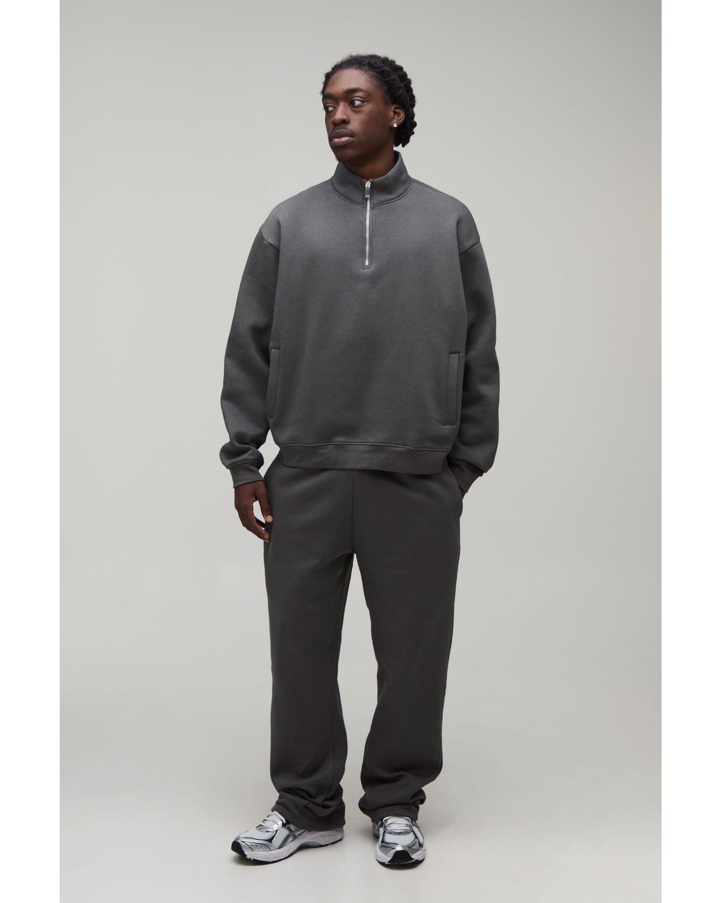 BoohooMAN Gray Oversized Boxy Quarter Zip Funnel Sweatshirt & Straight Jogger Tracksuit for men