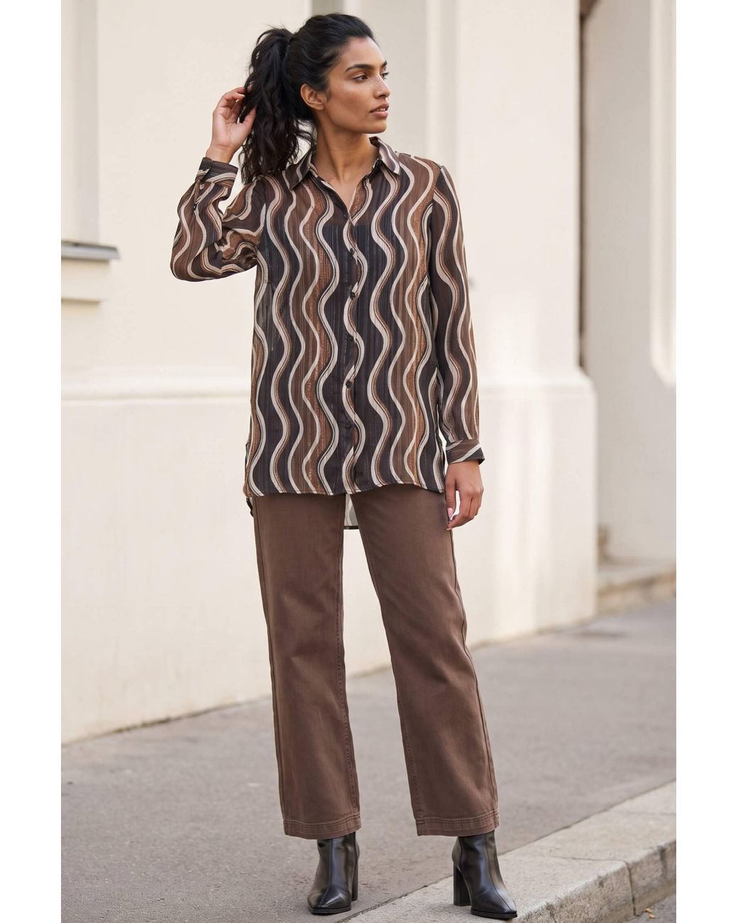 Roman Brown Wave Print Satin Stripe Shirt