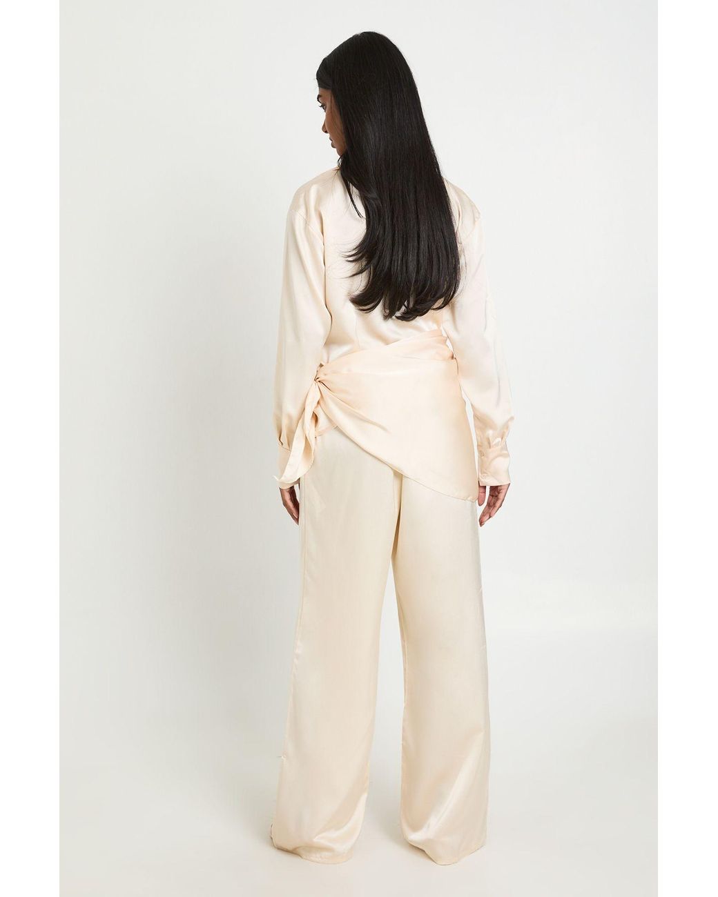 Boohoo Natural Satin Shirt Trouser Co-Ord With Tie Waist