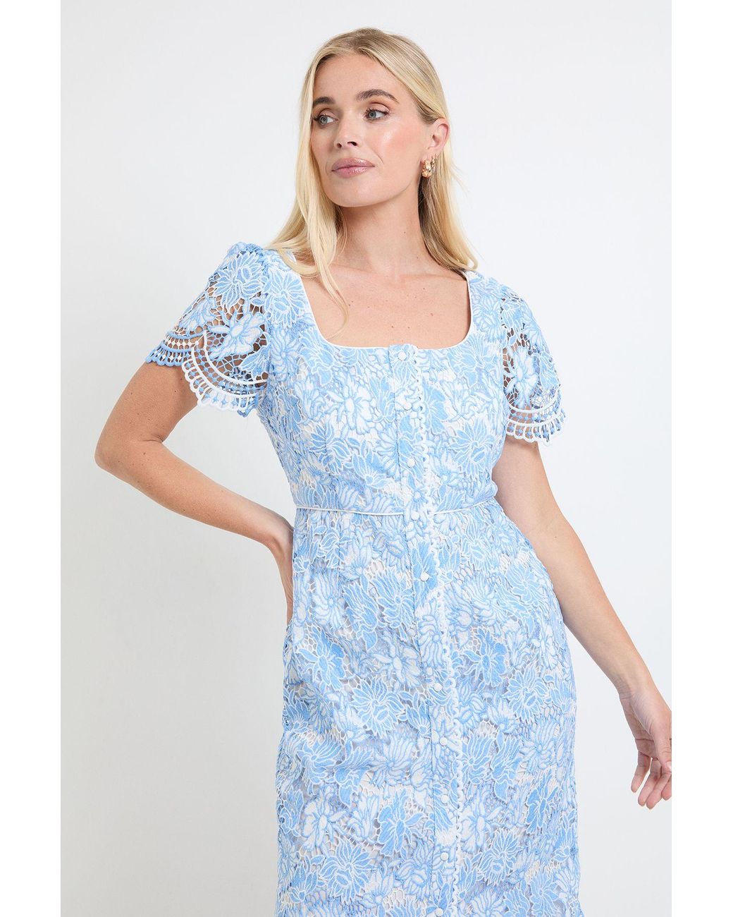 Wallis Blue Petite Contrast Lace Button Midi Dress