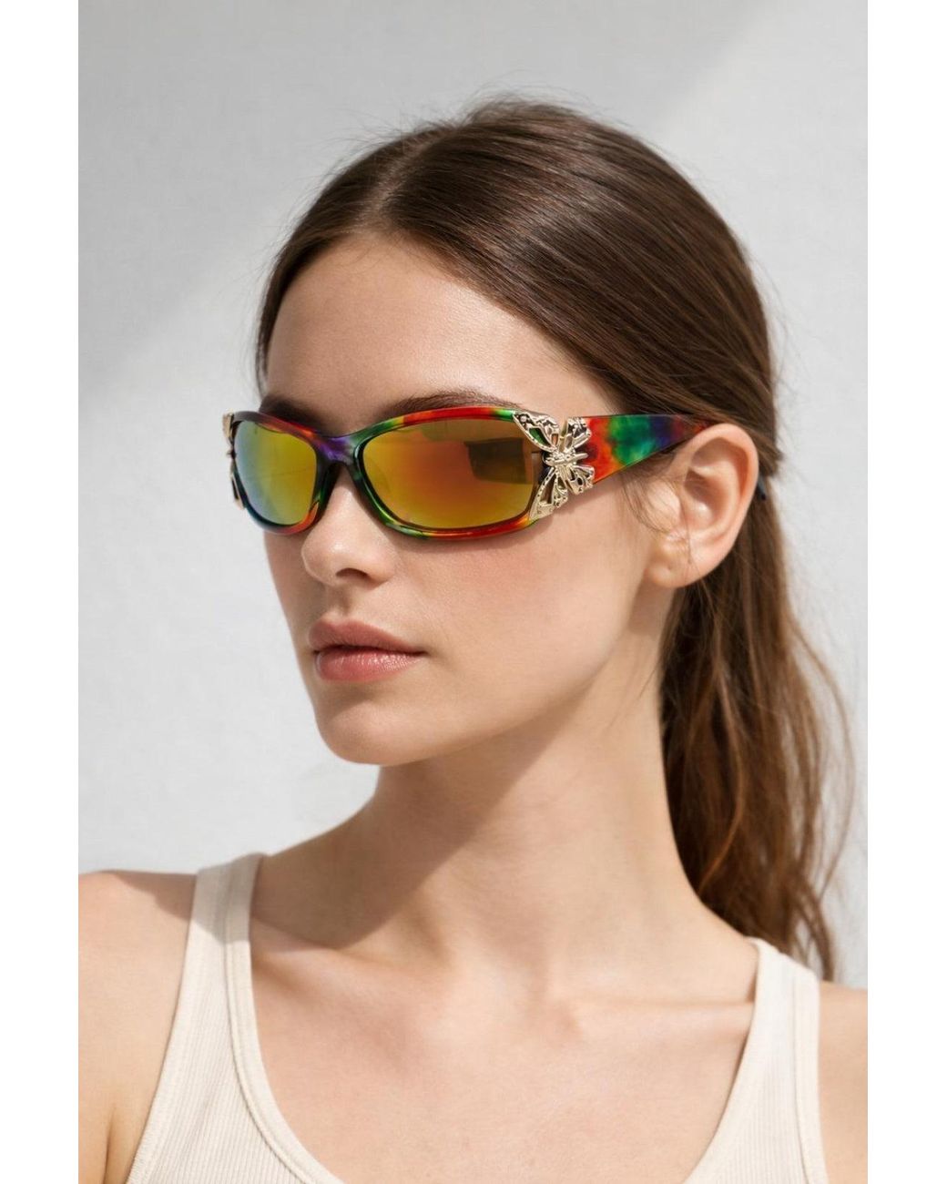 SVNX Brown Vintage Wrap Around With Butterfly Detail Sunglasses