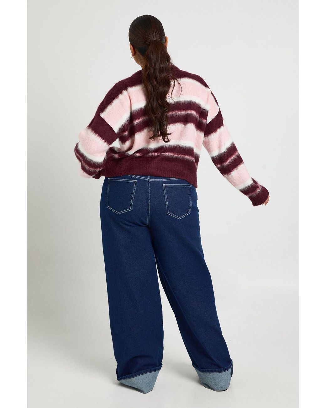 Boohoo Blue Plus Crew Neck Fluffy Stripe Cardigan