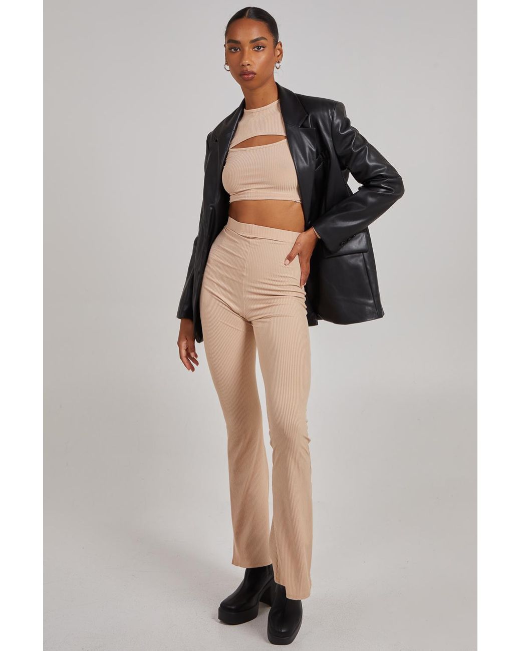 Pink Vanilla Gray Ribbed Flare Trousers