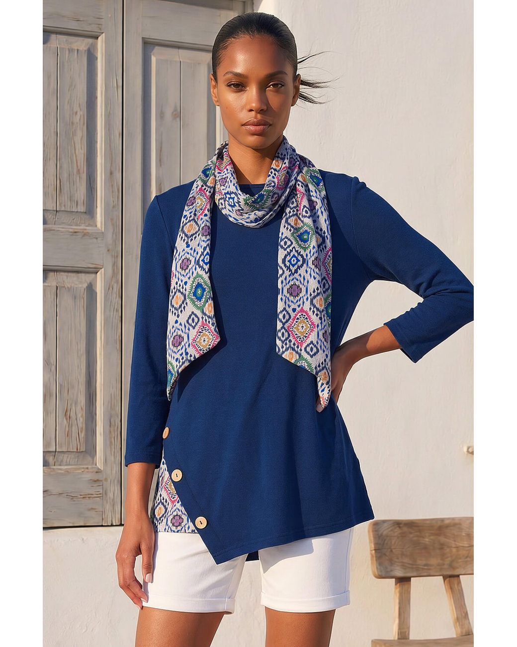 Roman Blue Asymmetric Hem Detachable Scarf Top