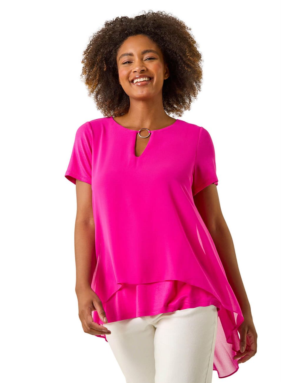 Roman Pink Ring Front Chiffon Overlay Top