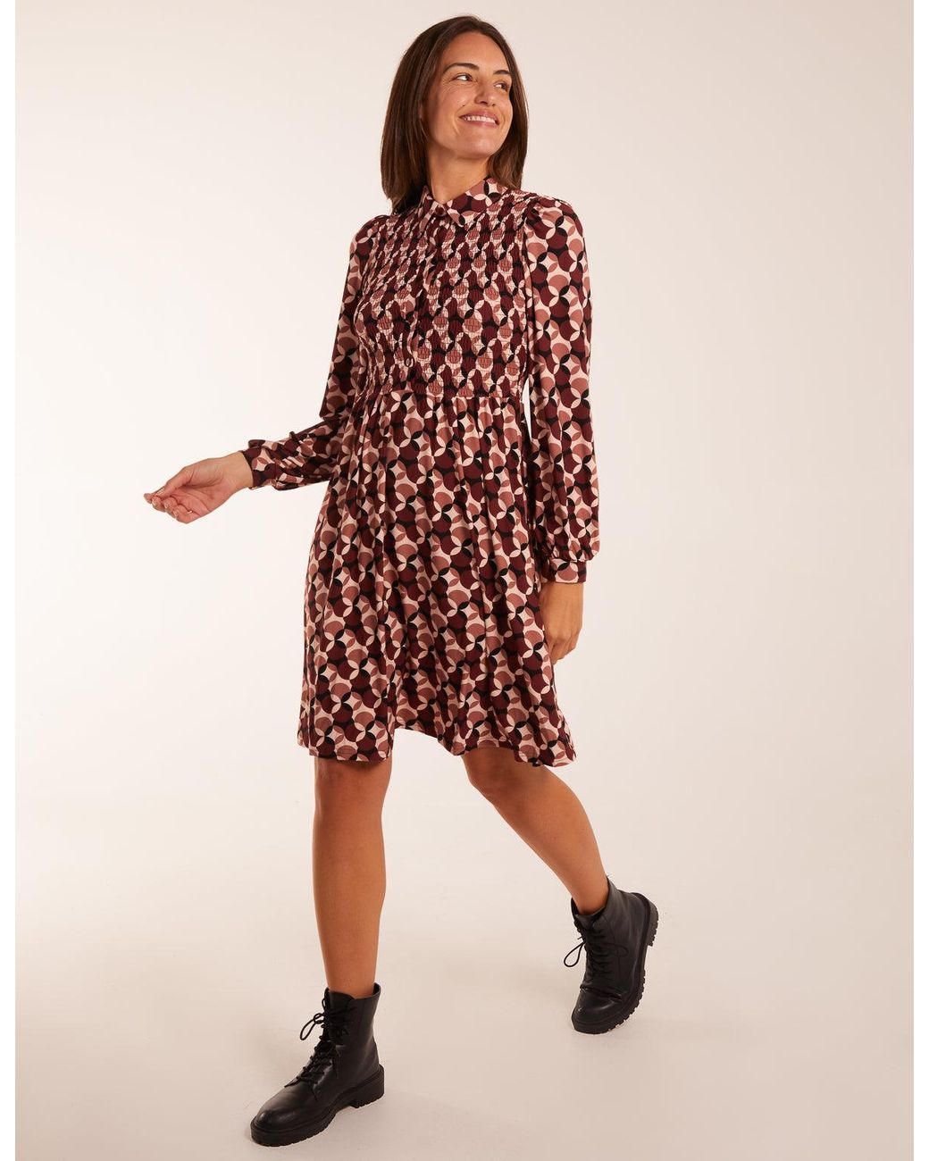 Blue Vanilla Geometric Print Shirred Bust Long Sleeve Shirt Dress
