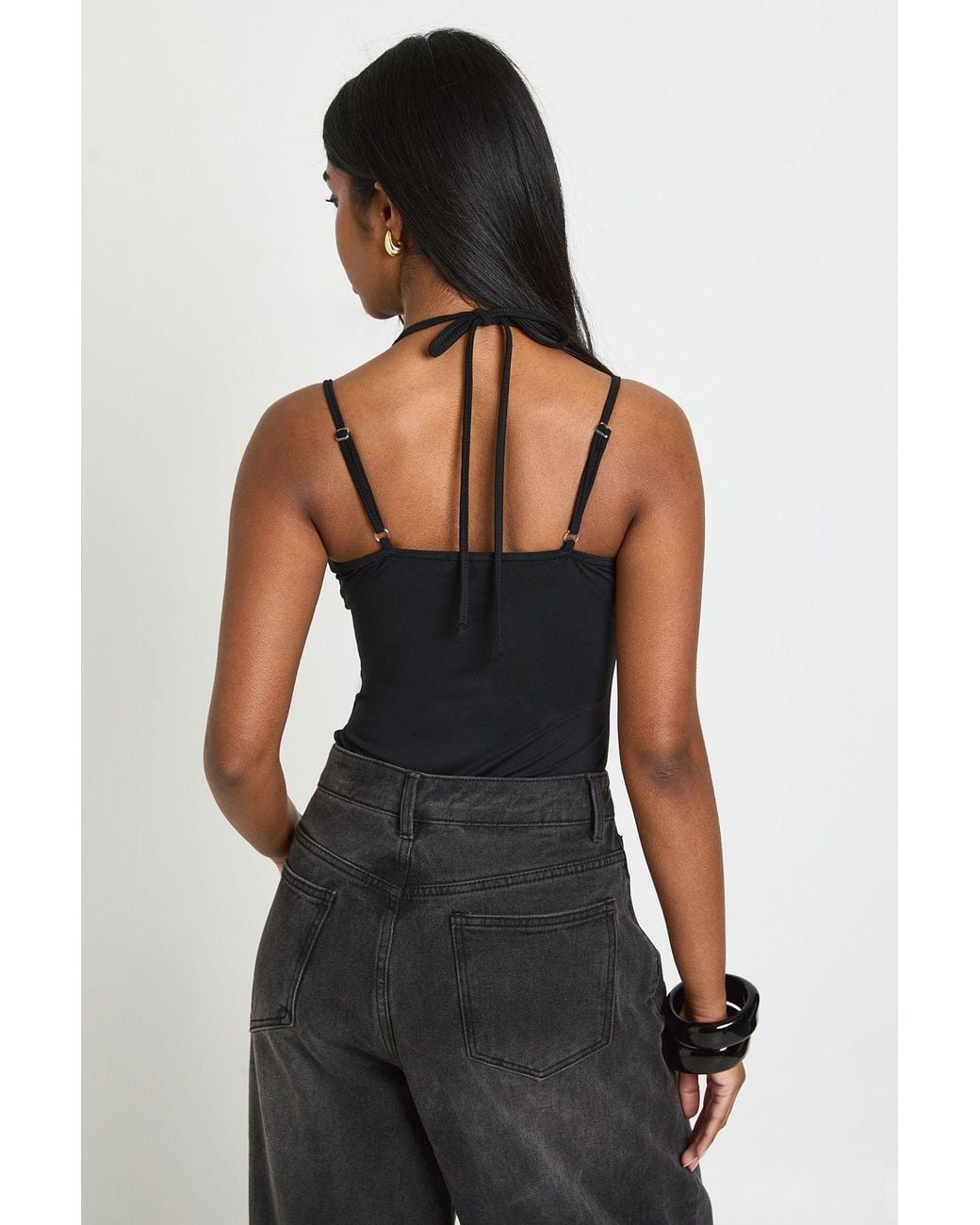 Boohoo Black Matte Slinky Lace Trim Halter Neck Bodysuit