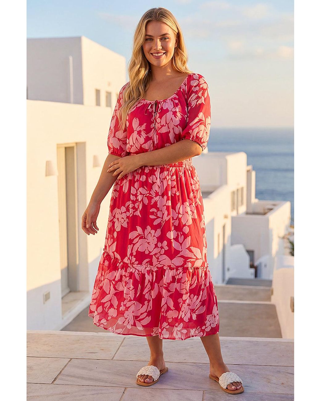 Roman Red Curve Tropical Print Tie Neck Midi Dress