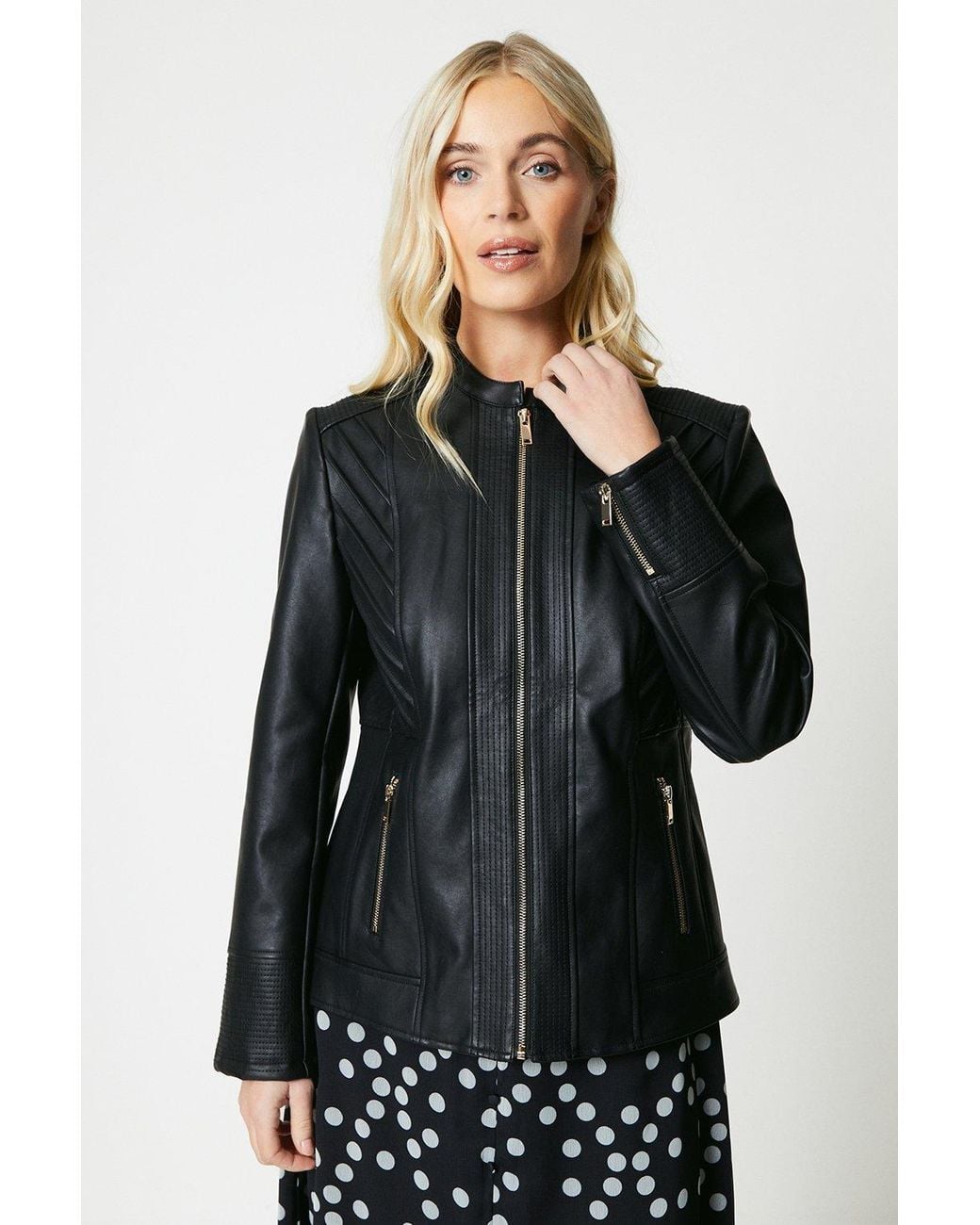 Wallis Black Petite Faux Leather Seam Detail Jacket Viscose
