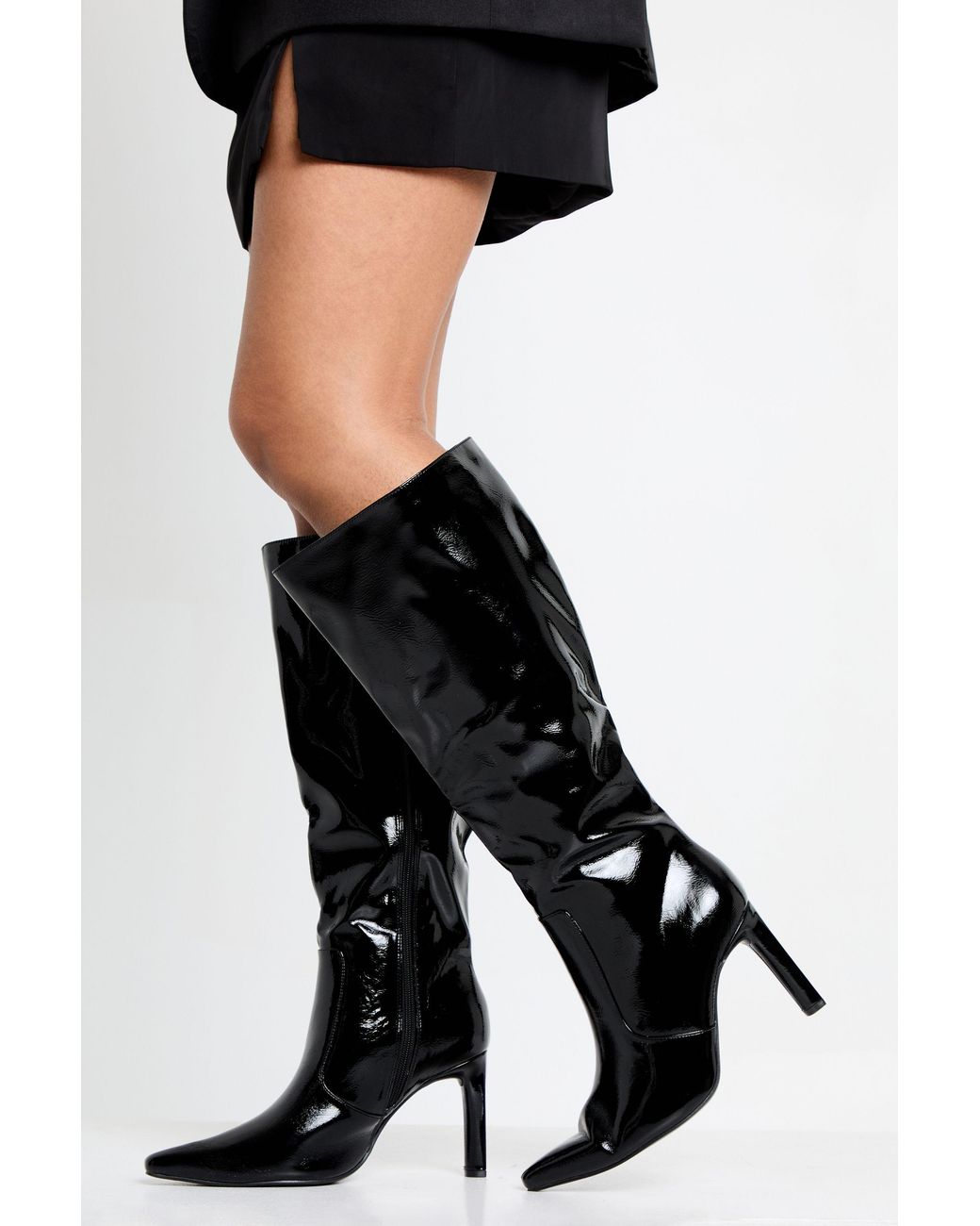 Boohoo Black Wide Fit Pointed Stiletto Patent Knee High Boots