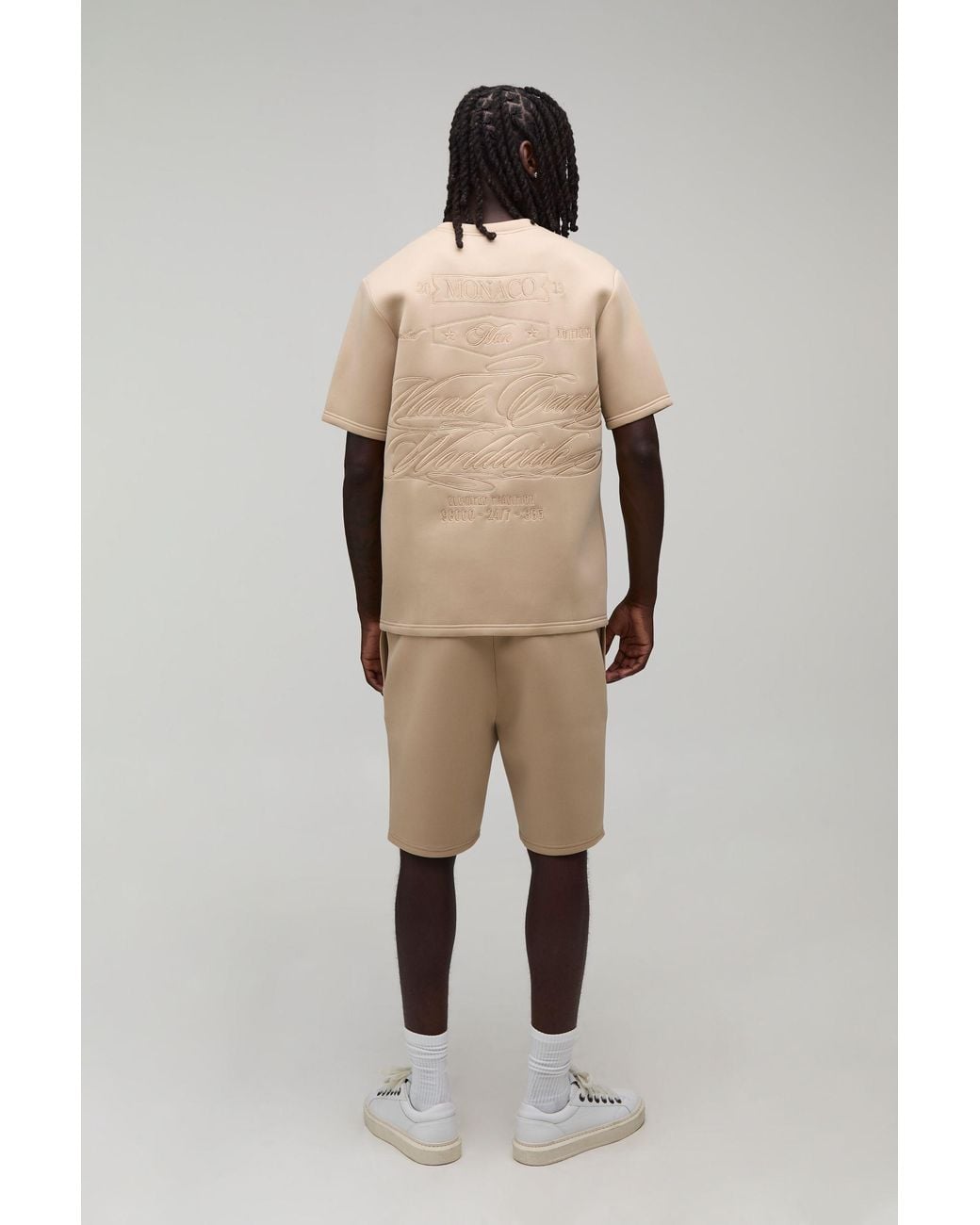 BoohooMAN Natural Monaco Embroidered Regular Fit Bonded Scuba T-Shirt & Slim Pintuck Short Set for men
