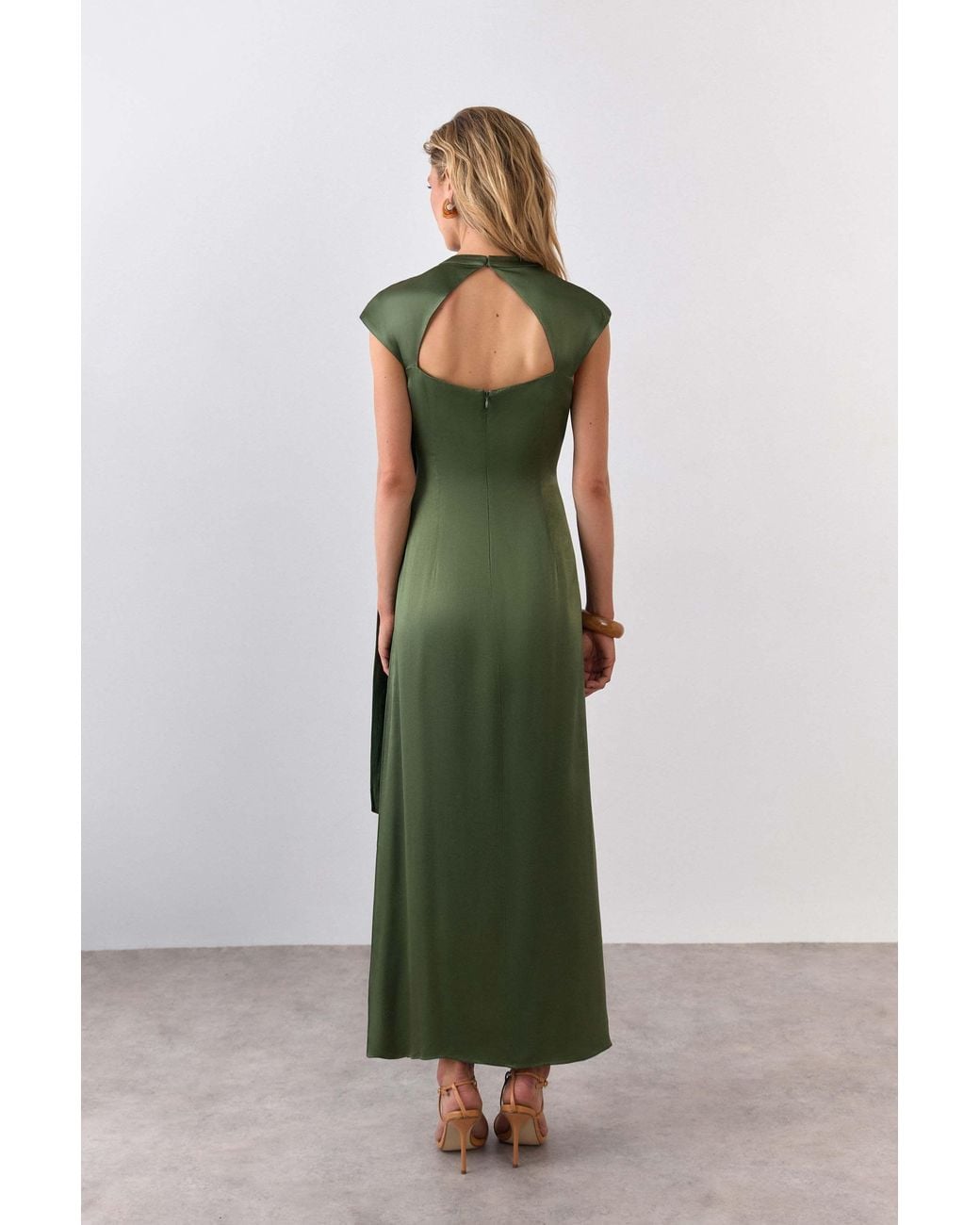Warehouse Green Viscose Draped Scarf Detail Cut-Out Midaxi Dress