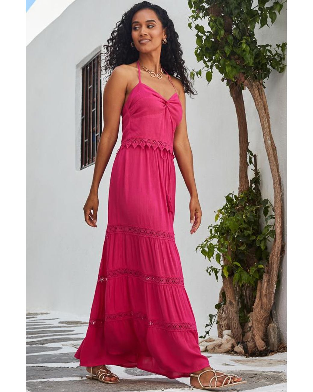 Sosandar Pink Lace Detail Tiered Hem Maxi Skirt