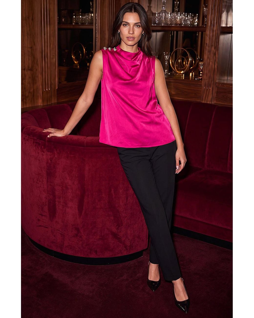 Roman Pink Satin Cowl Neck Top