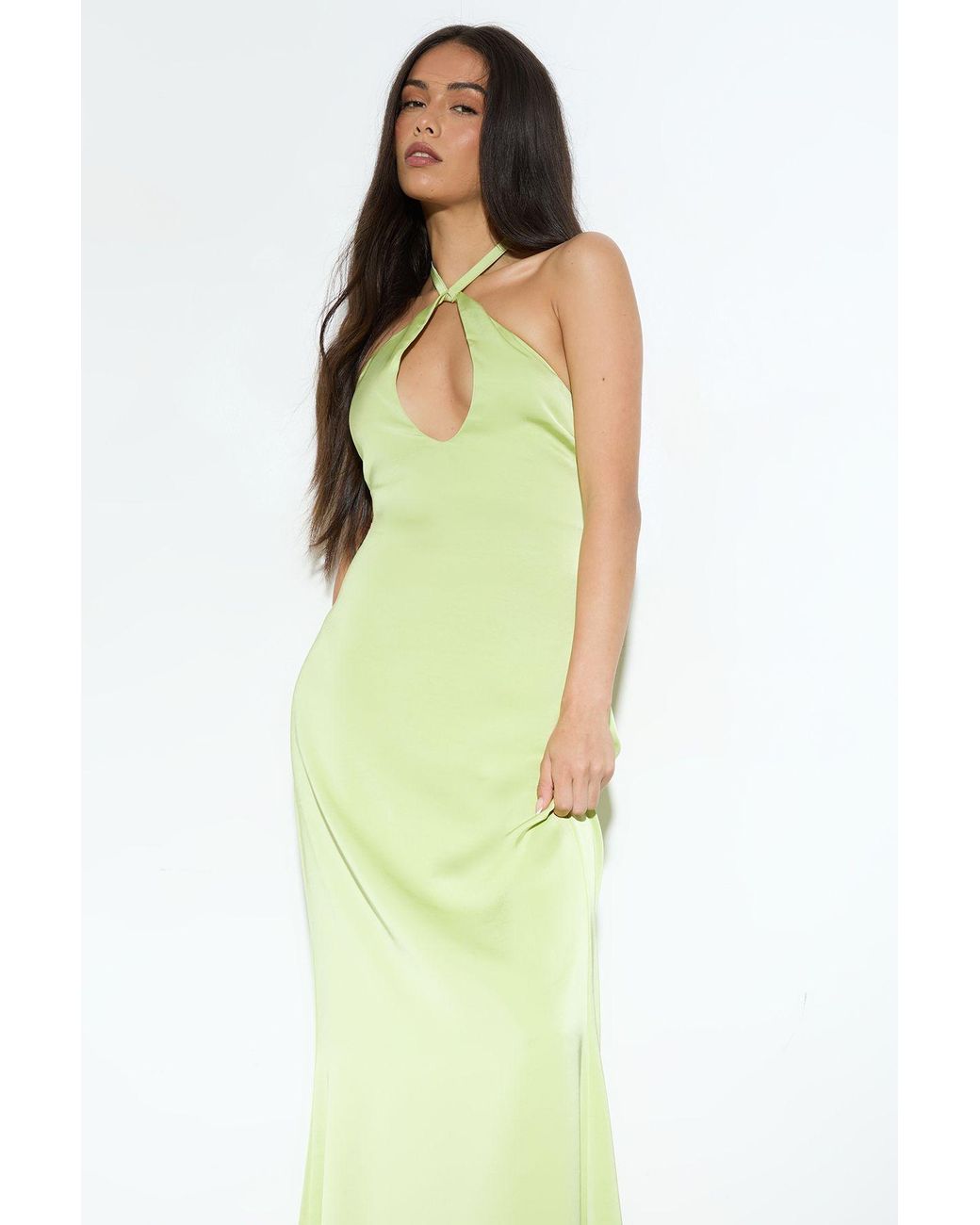 MissPap Yellow Satin Keyhole Halter Detail Maxi