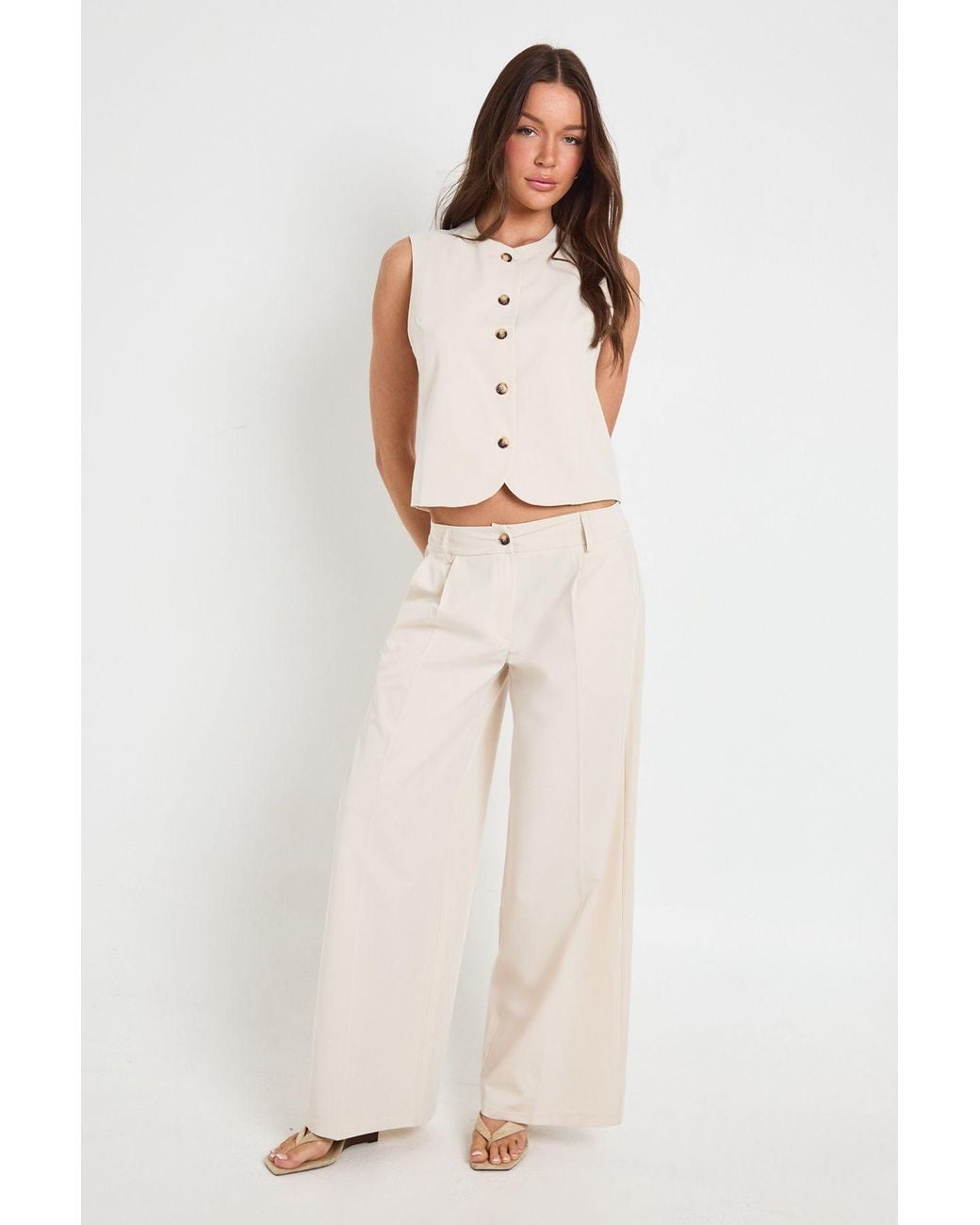 Boohoo Natural Pleated Wide Leg Tailored Trousers