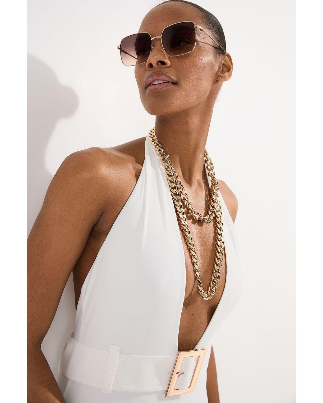 Karen Millen White Hardware Detail Belted Plunge Swimsuit