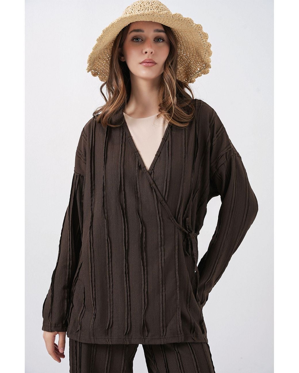Bigdart Black Textured V-Neck Tie Detail Kimono & Wide Leg Pants Set