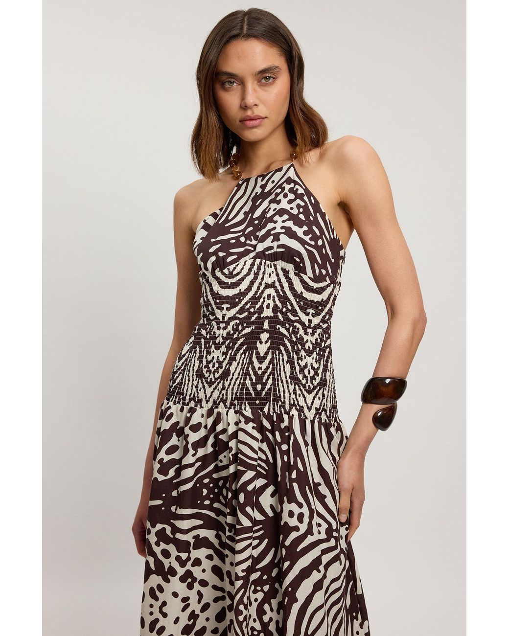 Karen Millen Multicolor Shirred Animal Print V Neck Trim Detail Woven Midi Dress