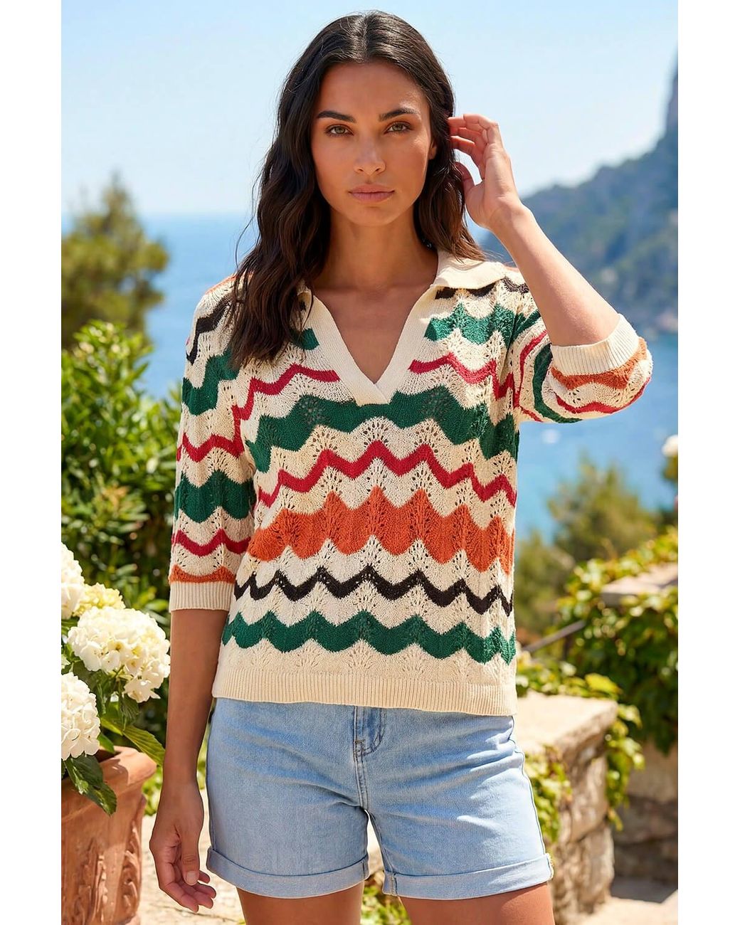 Roman Red Collar Wave Stripe Knit Top