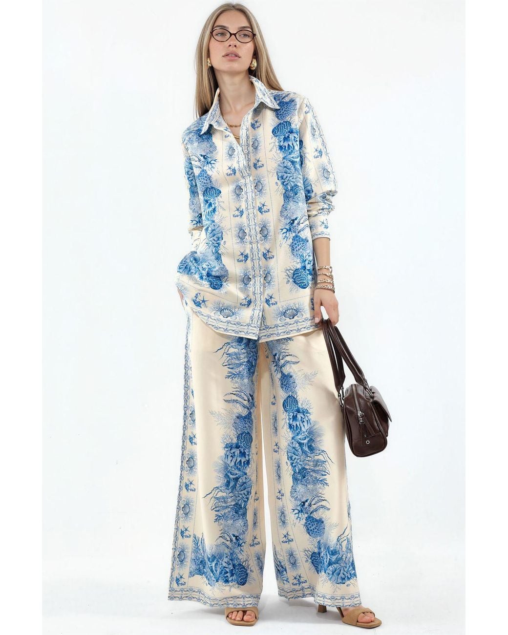 Msn-Collection Blue Floral Shirt And Wide-Leg Trousers Set