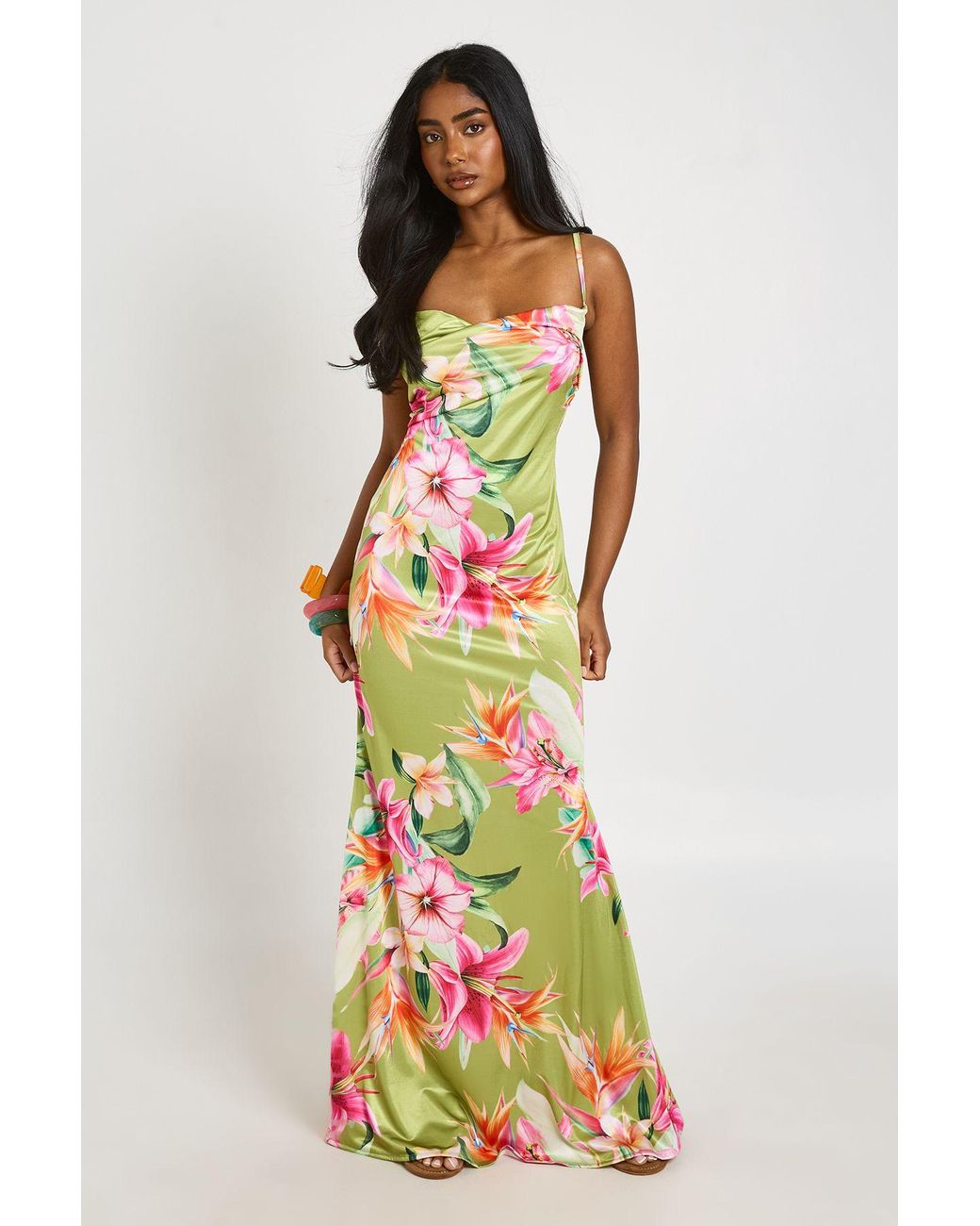 Boohoo White Floral Print Cowl Neck Satin Maxi Dress