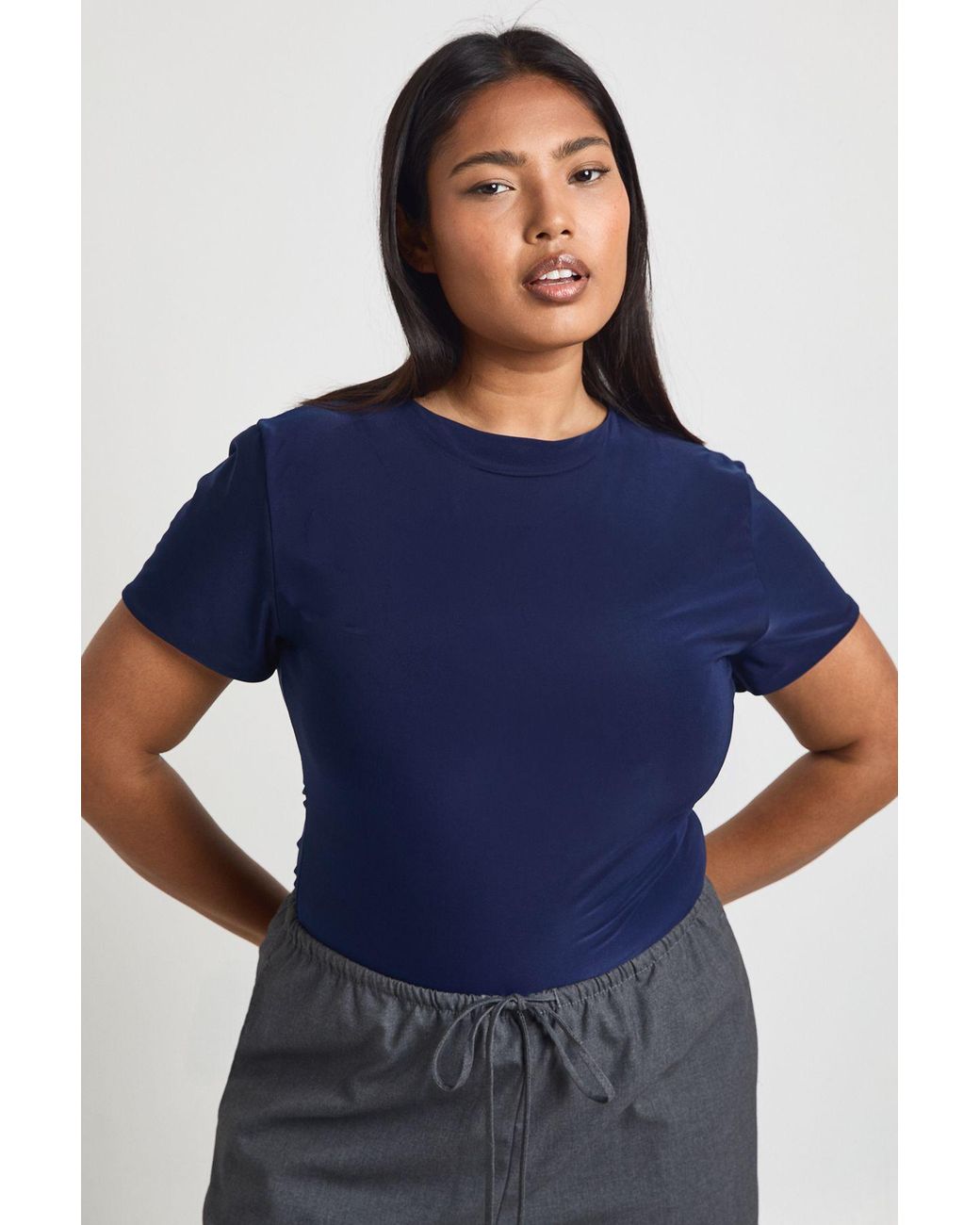 Boohoo Blue Plus Double Layer Slinky Fitted Bodysuit