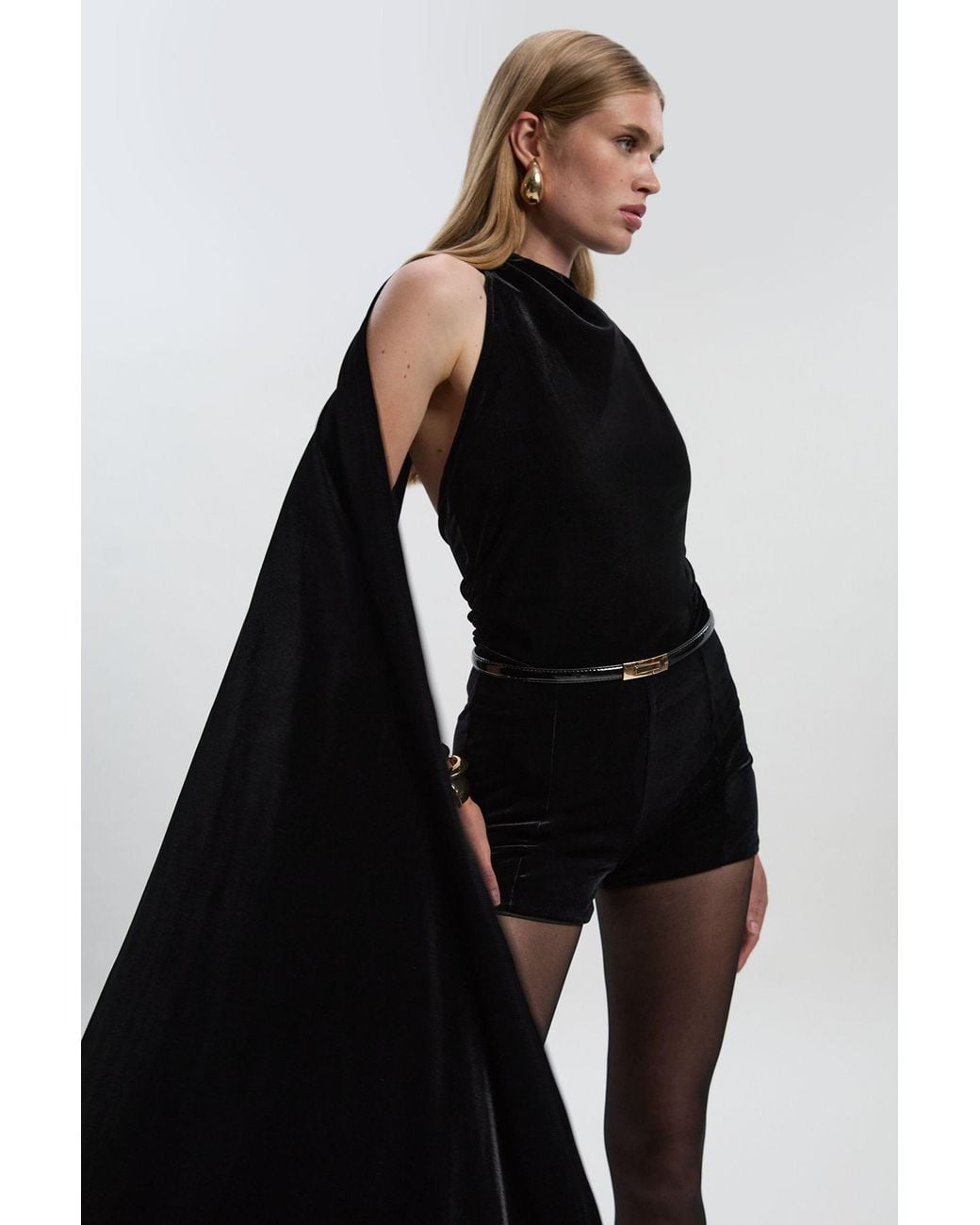 Karen Millen Black Stretch Velvet High Neck Cape Shoulder Bodysuit